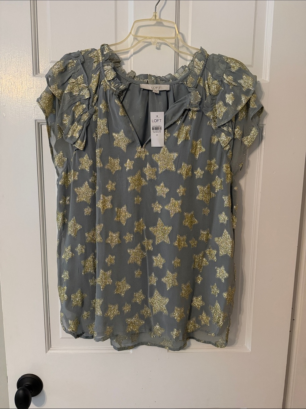 LOFT Gray Blouse with Gold Star Pattern